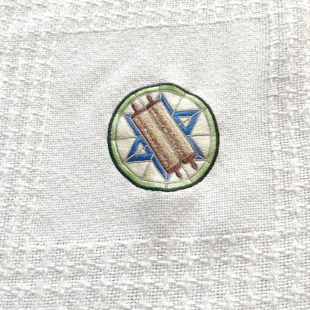 Jewish Themed Blanket White with 20 Individual Embroidered Symbols‎ Fringe